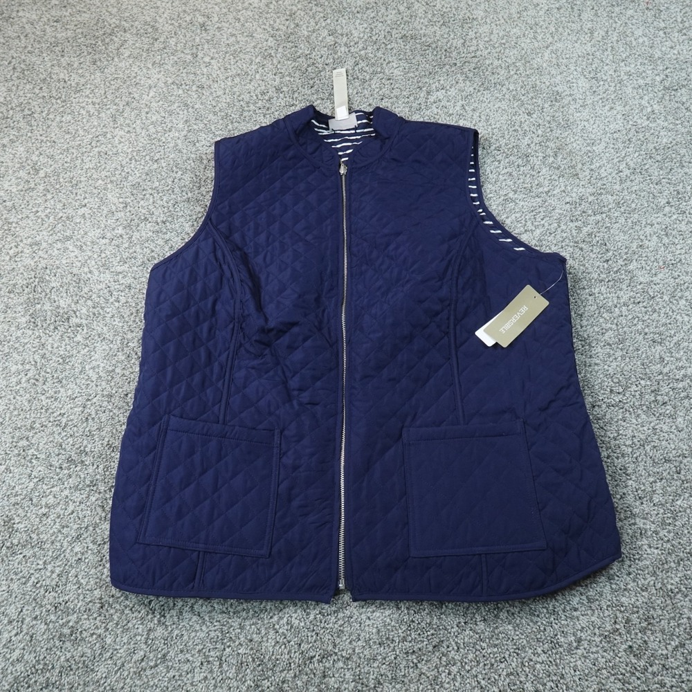 NEW Chicos Vest Womens XL 3 Navy Blue Quilted Reversible Full Zip Jacket Casual